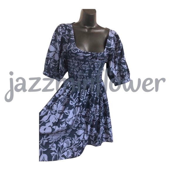 Free people dark navy blue dear delilah puff sleeve smocked babydoll mini dress - Picture 5 of 16